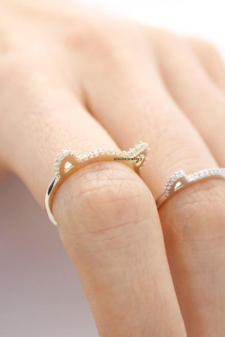 Cat Ears Ring Detailed With Cz Stacking Ring, Kitty Cat Ring In 2 Colors, R0411s